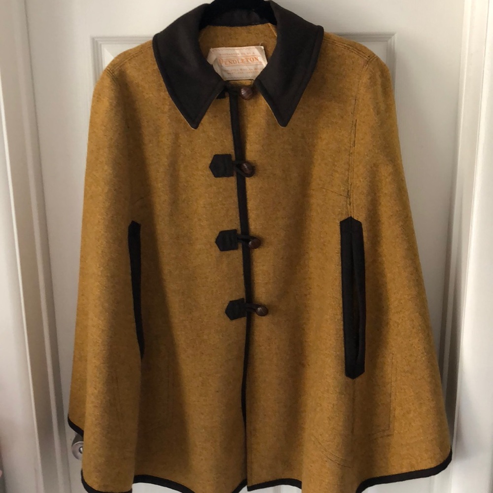 Pendleton Mustard Yellow Wool Cape Coat with Dark Brown Trim